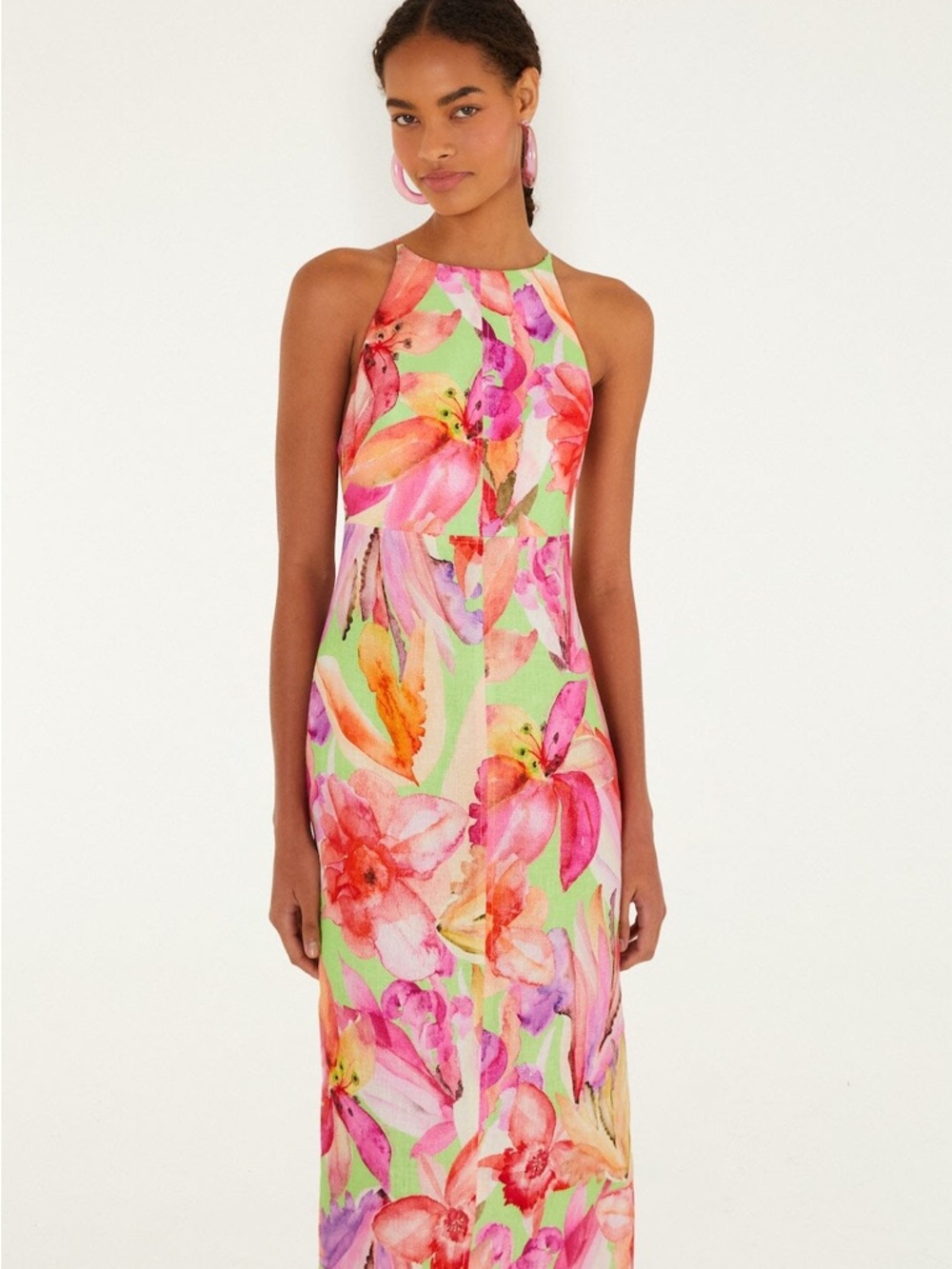 FARM RIO Floral Halter Midi Dress in Pink and Green - Picture 3 of 3